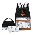 Three-piece floral canvas backpack set including lunch bag and pencil case in purple print - Black Splicing