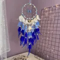 Blue butterfly dream catcher with gradient feathers, pearls, and warm LED light string - Finished Product Without Light / Butterfly Gradient Blue