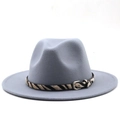 Detail of gray wool fedora hat with zebra pattern belt and silver metal buckle - M (56-58cm) / Light Gray