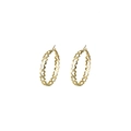 Close-up of golden C-shaped hoop earrings with intricate hollow heart-shaped pattern detail - Heart Hollow / Gold