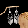 Detail of vintage silver bohemian earrings with floral design and metal fringe tassels - E2875-39/Flower Tassel