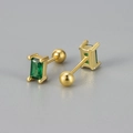 Close-up of gold screw back earrings with rectangular green stones and ball backs - Rectangular Screw Back / Green Zirconia Gold