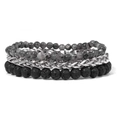 Mens multi-layer bracelet set featuring grey natural stone beads and silver steel chain - Labradorite Lava Stone / Silver Chain