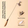 Extra long feather cat teaser wand with solid wood handle and metal wire for cats - Spring Wood Handle Teaser / Spring Wood Wand With Dot And White Feather