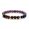 Tiger eye and amethyst elastic beaded bracelet with silver spacers for men and women - Blue Tiger Eye + Red Tiger Eye + Yellow Tiger Eye + Amethyst