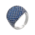 Macro detail of wide open adjustable ring with pavé-set blue cubic zirconia stones - Adjustable Open / White Gold Color-Blue Zirconia