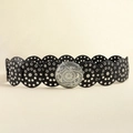 Detail of western vintage black leather belt with hollow silver metal buckles and floral carvings - Antique Silver Black
