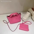 Miniature cherry pink woven leather bucket bag with chain strap and matching small pouch - Rose Red