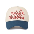 Close-up of red Merry Christmas embroidery and snowflake details on a cotton baseball cap - Dark Blue