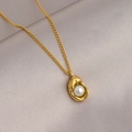 Golden titanium steel necklace with organic shell-shaped pendant and white pearl inlay - Irregular Organic Shape (#0348)
