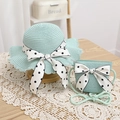 Matching straw hat and crossbody bag set in mint green with polka dot ribbon bows - Lake Blue Set