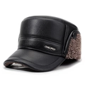 Men's winter flat top hat in black faux leather with warm brown fleece ear flaps - One Size / Coffee