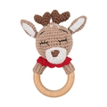 Handmade brown crochet deer baby rattle with natural wooden ring and red collar detail - Christmas Reindeer Blue