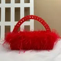 Handmade red beaded handbag with plush ostrich feathers for evening party fashion - Red
