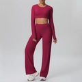 Detail of burgundy long sleeve crop top and high waist wide leg yoga pants set - Carmine