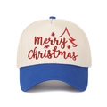 Detail showing red Merry Christmas embroidery on a blue and off-white twill baseball cap - Sapphire Blue