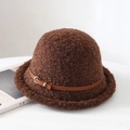 Chapeau bob en polaire peluche marron avec boucle de ceinture en cuir pour femme - M (56-58cm) / Café
