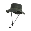 Dark olive green washed denim sun hat with wide brim and adjustable black drawstring - Forest Green