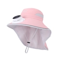 Pink kids sun hat with solar powered fan and neck protection flap for summer outdoors - Pink