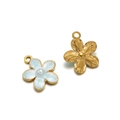 Gold stainless steel flower pendant with light blue enamel and a white faux pearl charm - Gold Single Hole Flower Pendant / 5 Pieces / Light Blue