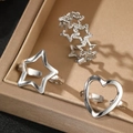 Three-piece silver stainless steel ring set with star and heart hollow designs - Three-Piece Set / Silver