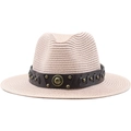 Classic beige woven straw cowboy hat featuring a leather band with horseshoe hardware - Nude Pink
