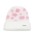 Detail van zachte pluche gebreide muts met roze stippen en metalen merklabel - Wit met roze stippen / Wit Roze