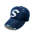 Close-up of distressed denim baseball cap with a white S letter embroidery patch - M(56-58cm) / Blue