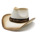 Vintage western straw cowboy hat with painted brim, leather band and amber gemstone - M (56-58cm) / White and Coffee Gradient