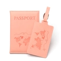 Peach pink PU leather world map passport holder and matching luggage tag travel set - Set / Pink