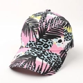 Detail view of 3D tropical palm leaves and colorful leopard print on baseball cap - Adjustable / Pink Leopard Leaves