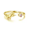 S925 sterling silver open ring featuring a cat motif and pink heart-shaped zircon stone - Adjustable Open / Gold
