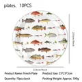 Fishing theme party 9-inch disposable paper plates with colorful fish patterns, 10-piece set - 9 Inch Plates 10PCS