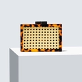 Elegant green rectangular wicker clutch with tortoiseshell texture and top clasp detail - Amber