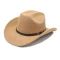 Classic camel wool felt cowboy hat with a thin black leather band and metal buckle - M (56-58cm) / Camel