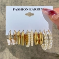 6-pair set of gold-finish earrings with butterflies, pearls and geometric hoops - Gold Butterfly Pearl Geometric Set (54782)