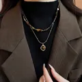 Two-layer gold plated tiger eye stone beaded necklace set worn with a brown blazer - Double Layer Cross Tiger Eye Oval Style (5#) / Gold Brown