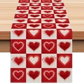 Close-up of red heart patterns on checkered linen table runner for Valentine decor - Red White Checkerboard Multi-style Heart Style (ZQ42-29) / 33*183cm