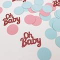 Blue and pink baby shower confetti with Oh Baby glitter letters for gender reveal parties - Rose Gold Oh Baby + Pink Blue Round