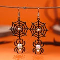 Halloween spider web earrings with black finish and iridescent rhinestones on orange back - Rainbow Rhinestone Spider Web (WH2083-1)