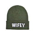 Army green knitted beanie hat with white WIFEY embroidery for outdoor warmth - One Size / Dark Green