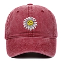 Detailed embroidery of a white daisy on a vintage burgundy washed cotton baseball cap - Adjustable / Burgundy