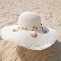 Sombrero de paja de ala ancha con borlas de conchas para mujer en playa blanco crema - Decoración de concha natural / Blanco Leche