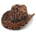 Leopard print western cowboy hat with studded leather band and metal bull skull pendant - M (56-58cm) / Dark Brown Straight Crown