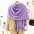 Elegant purple cashmere-feel long scarf with tassels styled on a beige wool coat - Thickened 300g Tassel Shawl / 200x70cm / Lilac Purple