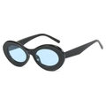 Vintage oval black frame sunglasses with light blue lenses shown at a 45-degree angle - Black Frame Blue Lens