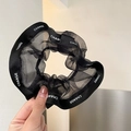 Elegant black organza scrunchie with letter printed ribbon trim for women - Mesh Black (Letter)