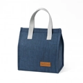 Insulated dark blue lunch bag with gray handles and brown leather logo patch - Cationic Minimalist Bag / Navy Blue