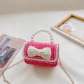 Mini pink tweed princess bag for girls with pearl bow and golden chain strap - Bow Rose Red