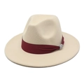 Detail of beige fedora hat with a wide brim and burgundy ribbon featuring a rhinestone buckle - Beige